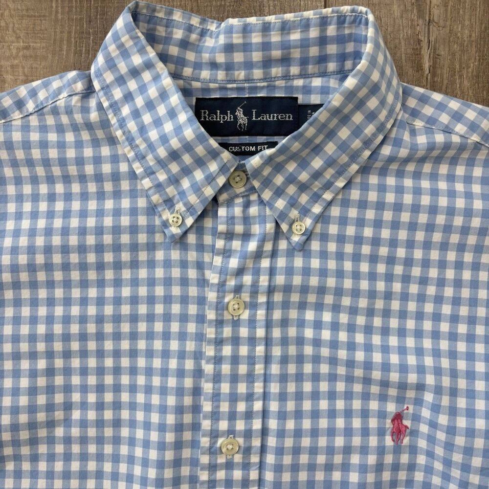 Ralph Lauren Mens Custom Fit Shirt Sz L Blue Gingham Pink Pony LA Preppy Classic - Picture 3 of 11